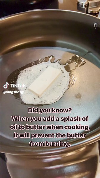 🔥 Did you know, when you add a splash of oil to butter, it will prevent the butter from burning? This is because butter has a very low smoke point, so when you add a splash of oil it will raise the smoke point and will prevent the butter from burning to the pan. 🧈 🩷 Follow OMG She’s Gluten Free for more healthy gluten free tips and cooking tricks! #cookingtips #cookingtipsandtricks #healthycooking #healthyliving #celiacdisease #glutenfree #dairyfree #omg_shes_gf