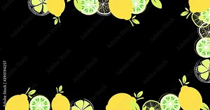 Stop motion animation of vector citrus fruits forming a frame on transparent background with alpha channel