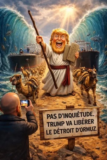 TRUMP VERSION MOÏSE Maintenant Trump va carrément ouvrir la mer pour libérer le détroit d’Ormuz. Encore deux minutes et il va séparer l’Atlantique pour faire passer les pétroliers. Suivez La Gazette Internationale. C’est gratuit. Laurent Kurzmann