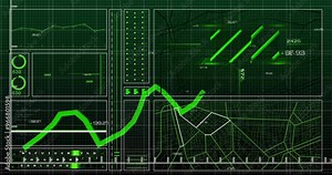 Green financial data charts and graphs animation over grid background