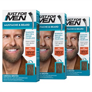 3 Pack - Just For Men Mustache & Beard, Beard Coloring for Gray Hair with Brush, With Keratin (M-35), Medium Brown