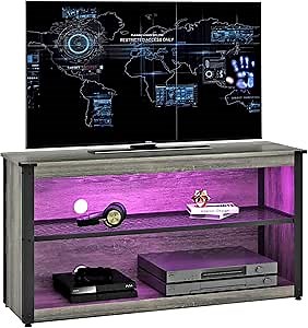 Bestier Gaming TV Stand for Bedroom Small Gaming Entertainment Center for 50 Inch TV Stand with Led Lights for Small Spaces Game Console Teen Kid TV Stand 20 Light Modes, Retro Gray