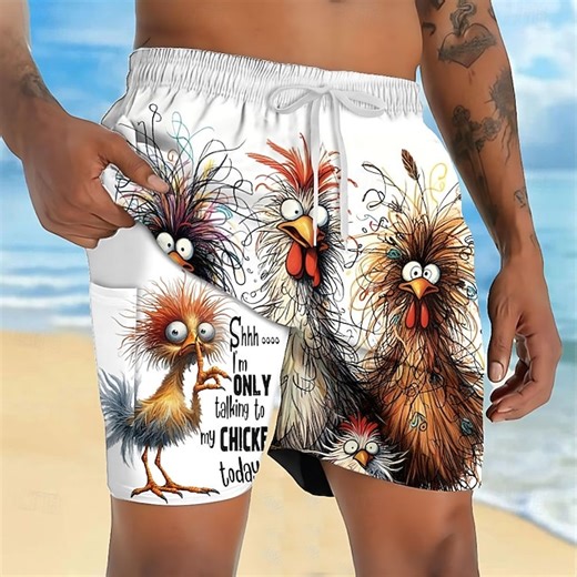 Men's Animal Chick Funny Lined Shorts 2 in 1 Board Shorts Swim Shorts Mid Waist Hawaiian Vacation Holiday Beach Wear Side Pockets With Compression Liner Elastic Drawstring Waist Designer Clothing 2025 - $21.99
