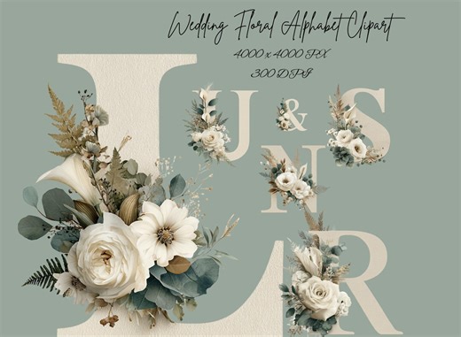 Ivory Wedding Alphabet Clipart A-Z PNG, Floral Monogram Letters, White Roses, Elegant Wedding Graphics, Commercial Use - Etsy