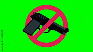Gun ban appearing and disappearing animation with handgun on blue background, green background, transparency and white background in flat design style