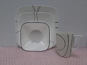Corelle Square Simple Lines Square 16-Piece Dinnerware Set, Service for 4, Black/White