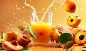 A glass of peach juice with fresh peaches and splashes of juice on a peach-colored background.