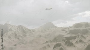 Alien saucers fleet flying fast above desert landscape Alien sci-fi fantasy concept, 4K, 2024