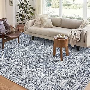 KUTA 9x12 Vintage Area Rug for Living Room, Washable Large Rugs for Bedroom 9ft x 12ft Non-Slip, Blue White Ultra Soft Printed Modern Floral Distressed Dining Room Low-Pile Carpet