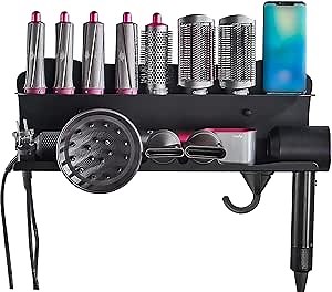 2in1 Wall Mounted Holder for Dyson Supersonic Hair Dryer, Bathroom Storage Bracket Rack for Dyson Airwrap, Hair Dryer Organizer Fits Barrels Brushes Diffuser Nozzles for Hair Salon Barbershop