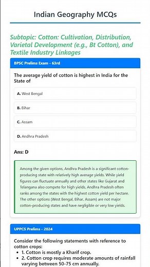 Cotton: Cultivation, Distribution, Varietal Development e.g., Bt Cotton, and Textile Industry L...