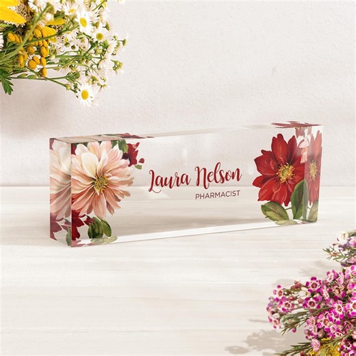 Personalized Acrylic Desk Name Plate: Floral Office Decor - Etsy