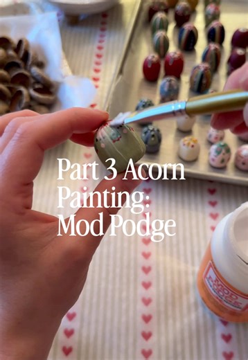 Part 3 acorn painting: mod podge time ✨ Didn’t mean to leave y’all hanging in my acorn painting series, life got busy and this step took time to cure 🤌 I applied ✌️ coats of satin @modpodgecrafts and let them fully cure per the instructions on the bottle. Don’t skip this step, because it ensures you can enjoy them for years to come. Matte, satin or glossy—what finish would you choose? Drop a comment below 👇 STAY TUNED for the finished acorns, you’re not going to want to miss how cute they turn