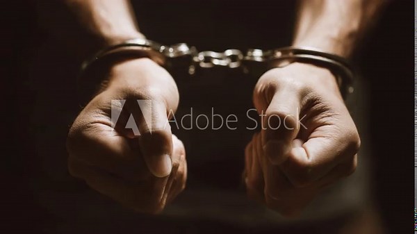Cuffed Hands: Captured in a dramatic pose, the metallic glint of handcuffs fastens around a person's wrists. A powerful visual symbol of restriction and legal implications.