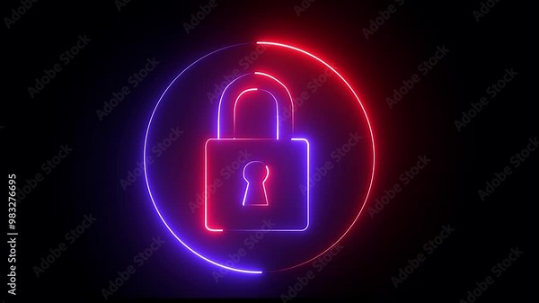 Neon dynamic lock icon blue and red glowing lock icon animation Cyber security concept on black background. Data security, software unlock, virus and binary code connect.