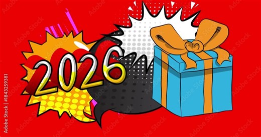 Cartoon gift box with number 2026, comic book Holiday video. Retro comics pop art design animation.
