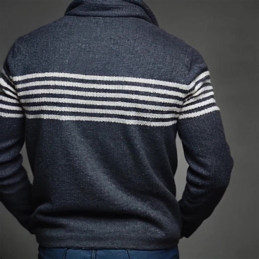 This is a chunky navy cardigan with bold light-grey stripe accents on the chest and arms. The shawl collar, button-front closure, and textured knit give it a sophisticated, rugged look. It’s paired with a denim shirt for a layered, casual-cool vibe that's perfect for fall and winter. Tags: #Cardigan #ChunkyKnit #MensFashion #FallWinter #CasualWarmth Shop Now: https://reurl.cc/qKd7rE | Manly Trend
