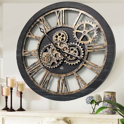 THE GEARS CLOCK Wall Clock with Real Moving Gears AM-LI_ 24 in Round Vintage-Black