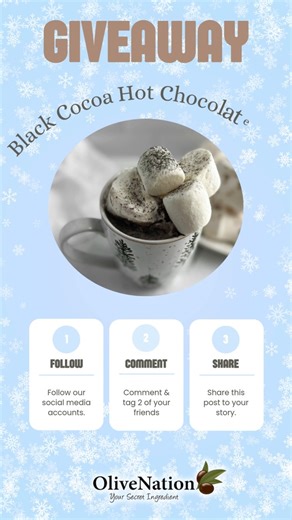 Enter To Win Our December Giveaway! 🎉 Black Cocoa Hot Chocolate Mix perfect for winter celebrations! 1 Follow @OliveNation for your daily dose of kitchen inspiration 2 Show some love by tapping that like button 3 Tag 3 fellow foodies December Giveaway Includes: *Hot Chocolate Mix, Black Cocoa 1lb https://www.olivenation.com/hot-chocolate-mix-black-cocoa.html One winner will be announced December 31st! The winner will be notified via direct message. USA residents only. #Giveaway #CocoaPowder #Bl