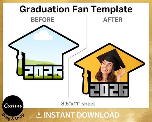Grad Cap Shape Paddle Fan Template, Graduation Hand Fan, Senior 2026 Photo Paddle Fan DIY, Canva, Cricut, Svg, Png, Psd, Instant Download - Etsy