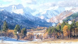 snowing in tibet mountain range with forrest and tree. seamless looping time-lapse virtual 4k video animation background