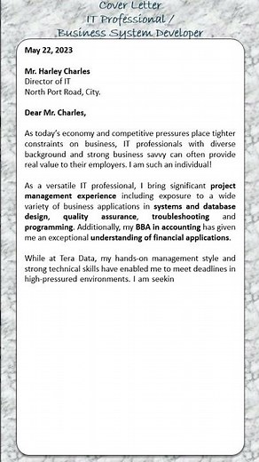 Cover Letter for IT Professional / Business System Developer #coverletter ‪@lettersapplications‬