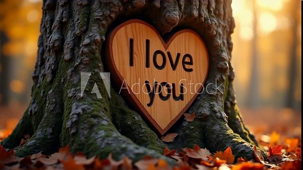 Man carving I love you heart tree trunk forest sunlight filtering leaves autumn foliage
