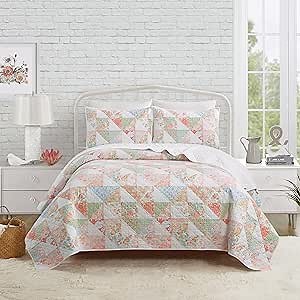MODERN HEIRLOOM Coventry Vintage Patchwork Floral 3-Piece Quilt Set, Lightweight All Seasons Coverlet, 1 Quilt and 2 Pillow Shams (King Size, Blue/Coral/White) | Breathable Material, Reversible, Lightweight