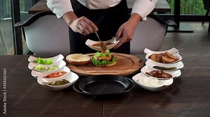 Making a Burger Step by Step Process Restaurant Chef Putting Ingredients