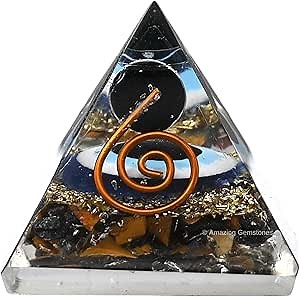 Amazing Gemstone Ultimate Protection Orgone Pyramid with Evil Eye Black Obsidian Sphere - Triple Protection Crystals Tiger Eye Hematite & Black Obsidian (30mm, Small)