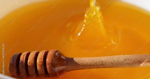 Honey is poured from a honey spoon into a plate. Freshly squeezed honey sparkles in the sun.