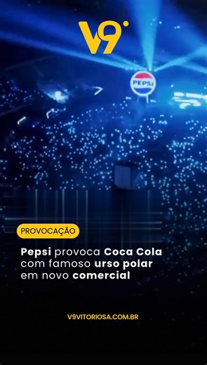 V9 Vitoriosa | Canal de notícias on Instagram: "A Pepsi lançou uma campanha para o Super Bowl 2026 provocando a Coca-Cola com um teste cego de refrigerantes. No comercial, um urso polar participa da ação e escolhe a Pepsi Zero Sugar. A escolha gera uma crise no personagem e é usada de forma bem-humorada para destacar a preferência pelo sabor da Pepsi sem a influência da marca. A ação também inclui ativações digitais e promocionais, aproveitando a visibilidade do Super Bowl para reforçar a rivali