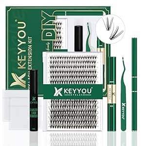 KEYYOU Lash Extension Kit DIY 300Pcs Lash Clusters Eyelash Extension Kit 30D C Curl 9-18MIX Lash Clusters Kit with Lash Glue Remover Applicator Easy to Use for Beginners(Kit,30D-C,9-18MIX)