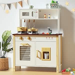 Babytronic Kids Play Kitchen, Wooden Kitchen Playset for Kids Ages 3+ with Real Lights, Sounds, Stove, Sink, Oven, and 30 Pcs Accessories, Toys Kitchen Small Pretend Play Kitchen for Toddlers (White)