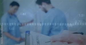Medical data analysis animation over healthcare professionals attending to patient