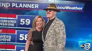 Attention! A salute to Casey Curry on National #WeatherPersonsDay. Check out #WWE's Sgt. Slaughter who paid her a suprise visit! | ABC13 Houston
