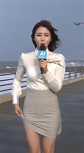 기상캐스터, 강풍 속 기상 상황 전달하기