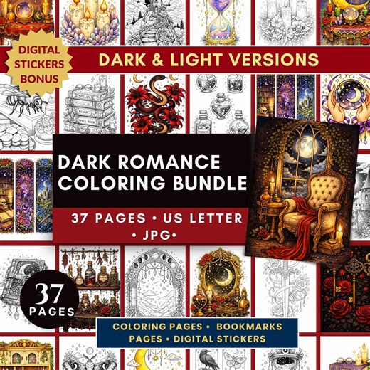 Dark Romance Coloring Pages Bundle, Gothic Art, Bookmarks, Stickers (digital Download) - Etsy