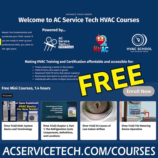 Enroll in our FREE HVAC/R training courses on our platform at https://www.acservicetech.com/hvaccourses to grow and earn certificates of training! Learn more about heating, ventilation, air conditioning & refrigeration here! . . . #courses #free #freetraining #hvac #hvacr #hvactech #technician #hvacservice #hvacrepair #acservice #acservicetech | AC Service Tech LLC