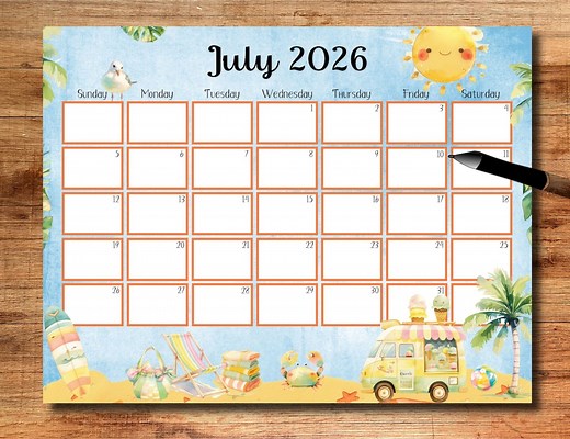 EDITABLE July 2026 Calendar, 2026 July, Vacation Planner, Wall Calendar, Printable Monthly Calendar, Digital Calendar, Summer Calendar - Etsy
