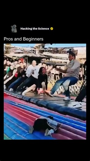 Hacking The Science on Instagram: "Watch the hilarious difference between pros and beginners on this giant inflatable slide. While the experts glide down the rainbow track with perfect balance, the newcomers quickly realize it's not as easy as it looks. It offers a side-by-side comparison that highlights the gap between skill and sheer luck. The result is a perfect mix of impressive control and absolute chaos. The beginners provide comedy gold as they hilariously lose control, leading to spectac
