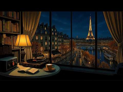 peaceful rainy night in 1940s autumn paris | vintage oldies playing in another room