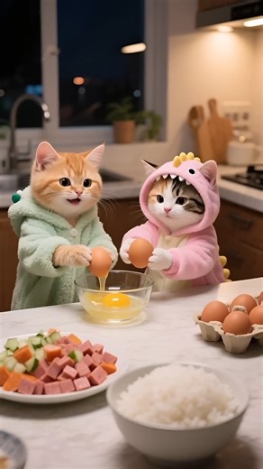 The Cutest Chefs Ever! Two Kittens Epic Love-Filled Fried Rice Mission! 🍳🐾 #catlovers #cat #cartoon #funny #kittens | AI Palette-Cute Creatures