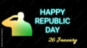 Happy republic day word with saluting Indian soldier in gradient neon colour. Republic day animation isolated on black screen.
