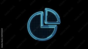 Pie graph icon motion animation, continuous seamless loop from 1 to 7 second mark, turn on off animation, futuristic cyber technology look, neon laser lines on black background.