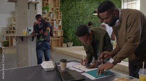 successful black business people brainstorming creative team sharing ideas office manager woman collaborating with colleagues working together in trendy workplace