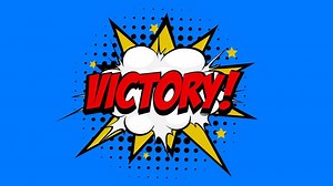Download Victory Word in Red-colored Text in Cartoon Comic Bubbles with Explosive Patterns on a Vibrant Blue Background, Seamlessly Looping Animation in 4K resolution. for free