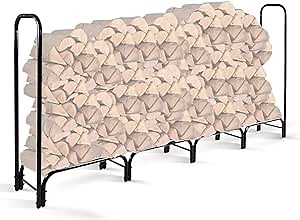 8ft Firewood Rack Outdoor, Wood Rack for Firewood, Outdoor Heavy Duty Log Rack Easy Assemble Fire Wood Racks for Patio Deck Wood Log Storage Stand, Black