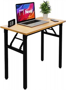 SOGES 31.5 inches Folding Desk No Assembly Sturdy Small Writing Desk for Small Spaces, Teak & Black