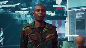 Military officer presenting the official custom salute etiquette, embodying discipline and respect. Federal army general saluting and greeting the crew captain in command center. Camera A.